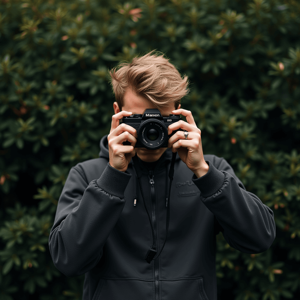 A person with a camera ready to take a photograph in a lush green setting.