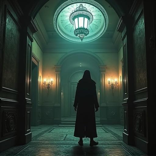 Scene from a photorealistic video game. Main character stands in a luxurious mansion. The atmosphere is creepy and scary. Dark corridors with an eerie light from a chandelier.