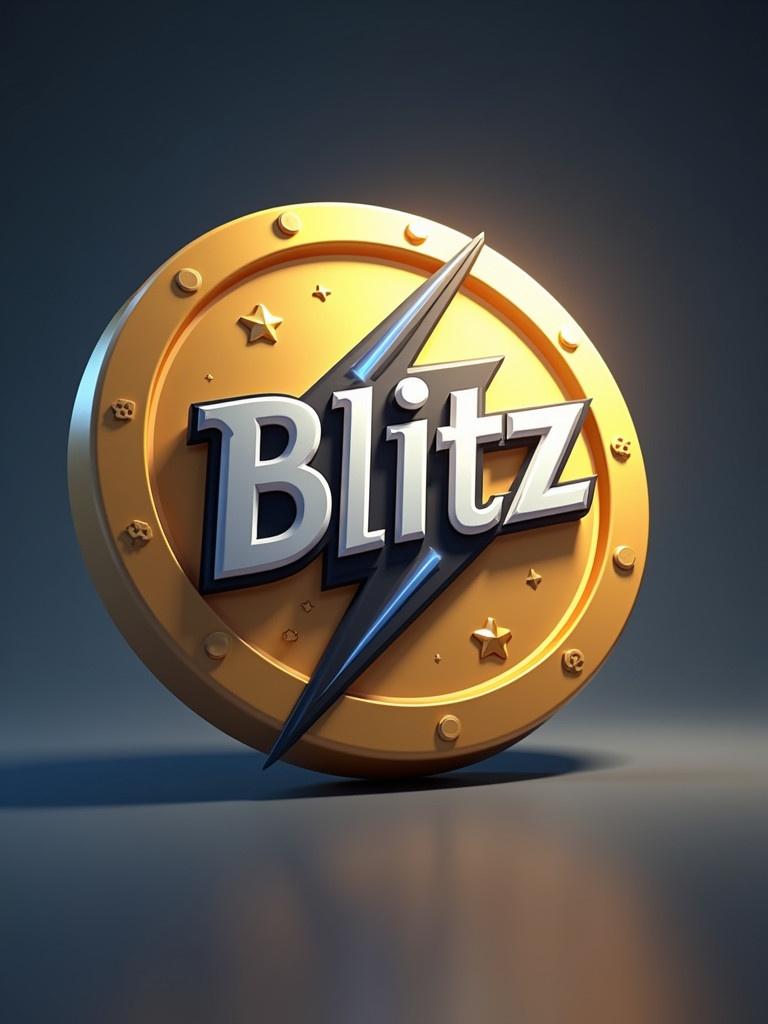 A 3D image of a token named Blitz. Classic round shape. Shiny gold material. Bold stylized text of Blitz in the center. Lightning bolt design element. Dynamic spotlight making the coin look vibrant. Reflective highlights and shadows.