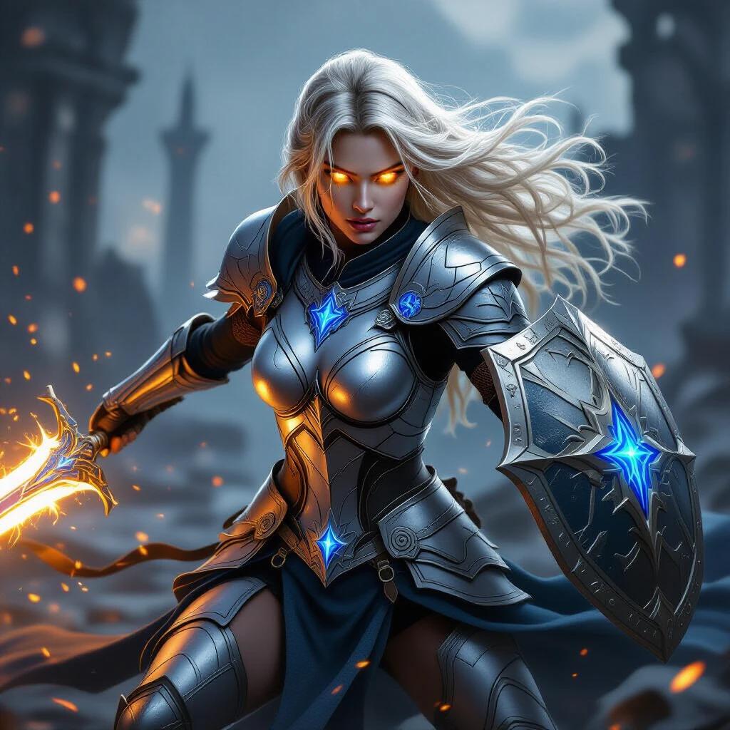 Ultra-realistic depiction of a beautiful female warrior in intense battle. She has glowing golden eyes and a fierce expression. Her sleek silver-white armor features blue runes. She wields a glowing sword and shield mid-swing. The dynamic stance is surrounded by magical sparks and motion blur. Ruined fantasy battlefield is in the background. She has long wavy blonde hair.