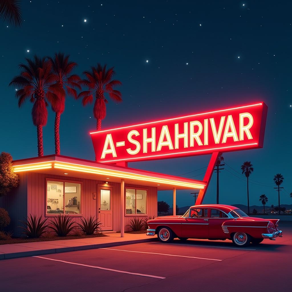 A classic motel named A-Shahrivar with bright neon signs at night. A red vintage car parks in front. Tall palm trees stand in the background under a starry sky. Vibrant colors create a nostalgic atmosphere.