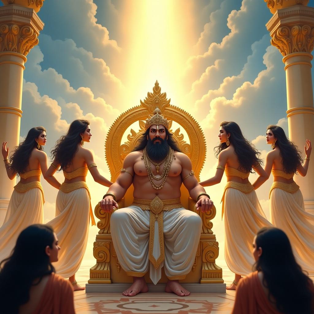 A celestial palace glows with golden light. Surrounded by blue and white clouds. In the center Indra sits on a grand throne. He has broad shoulders and a serious expression. Apsaras dance around him. Urvashi captivates with long black hair. She wears golden and white robes. The scene evokes peace and spirituality. Other devtas celebrate their victory and feel happy and egoistic.