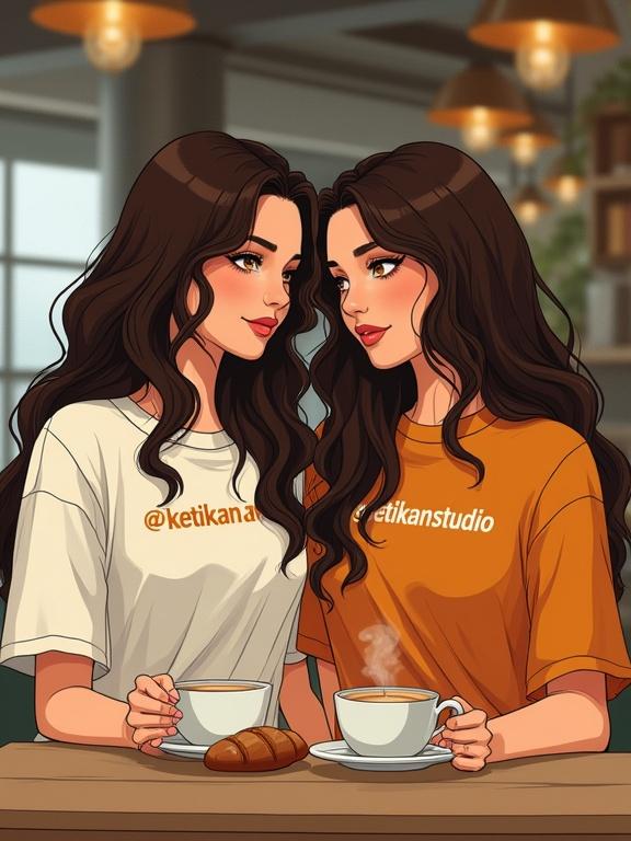 Visually rich image of two beautiful women sitting in a cozy cafe. One woman wears a white oversized t-shirt with a text. The other wears a vibrant golden orange oversized t-shirt featuring a different text. They each hold a latte, smiling at each other. A piece of sourdough bread lies on the table. The style combines hyper-realistic illustration with a vibrant color scheme.