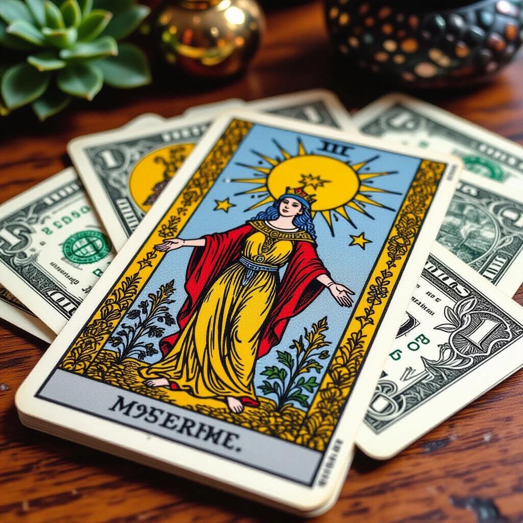 Tarot card depicting a woman with the sun above her. Money in the background on a table. Decking arrangement includes a plant and decorative candle.