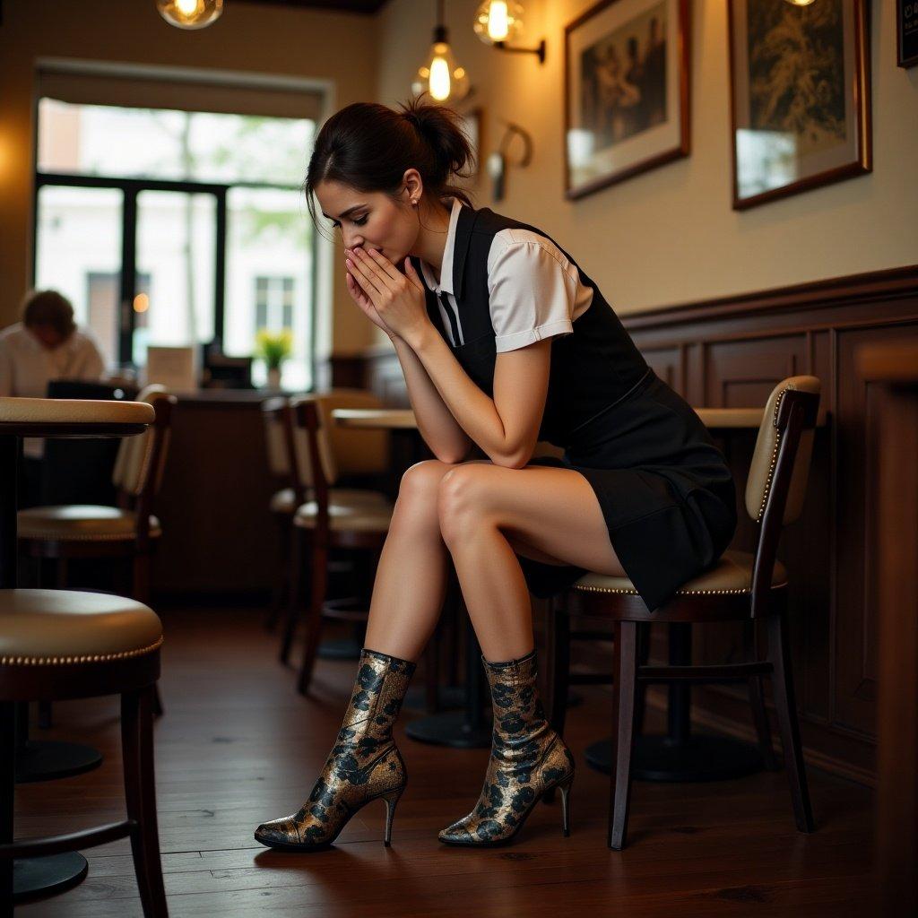 A waitress sits alone in a cafe holding her head in her hands. She wears a black dress and patterned high heel boots. The scene reflects a moment of emotional distress.