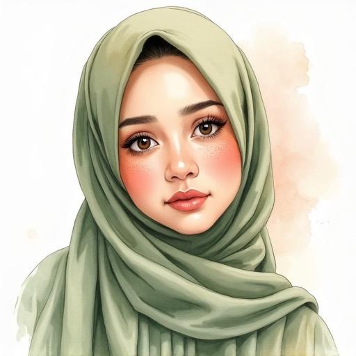 Delicate watercolor portrait of a young Malay woman in a hijab. Soft washes of peach and sage green. Organic pigment blooms enhance fabric flow. Warm, expressive eyes gaze gently outward. Minimal detail with sepia liner and burnt sienna lashes. Freckles emerge naturally from the paint's texture.