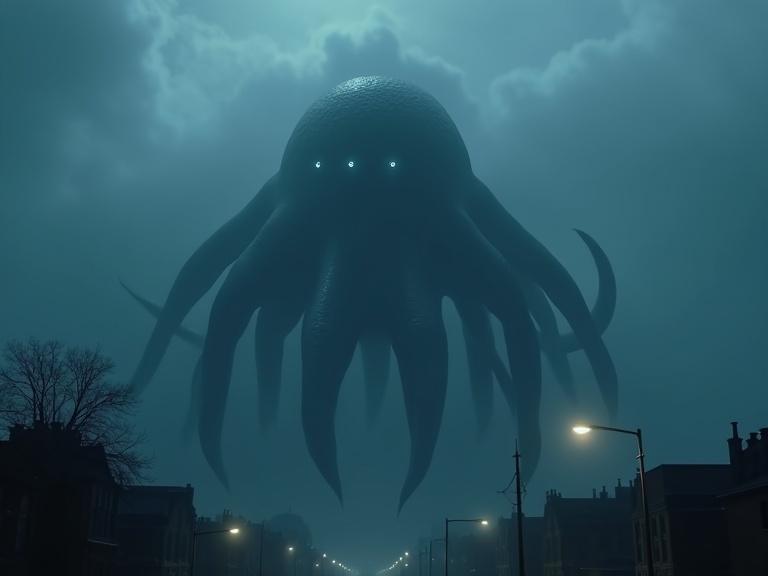 Create a cinematic view looking up at a huge tentacle creature in the sky above a town. The creature has a sleek black body with a round head and glowing eyes. It hovers above the foggy streets, creating shadows and reflections.