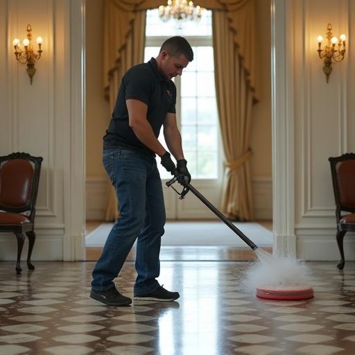 Image features a man polishing floors in an elegant room. Room has chandeliers and classic decor. Cleaning is performed with a floor buffer. The man wears a black shirt and navy pants. Floor is shiny and well maintained.