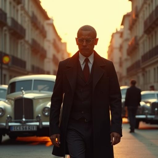 Create a scene featuring a young man dressed in a stylish black coat and sunglasses. He walks in a quaint Italian neighborhood during golden hour. A few people and vintage cars are background elements. The mood is reflective and stylish.