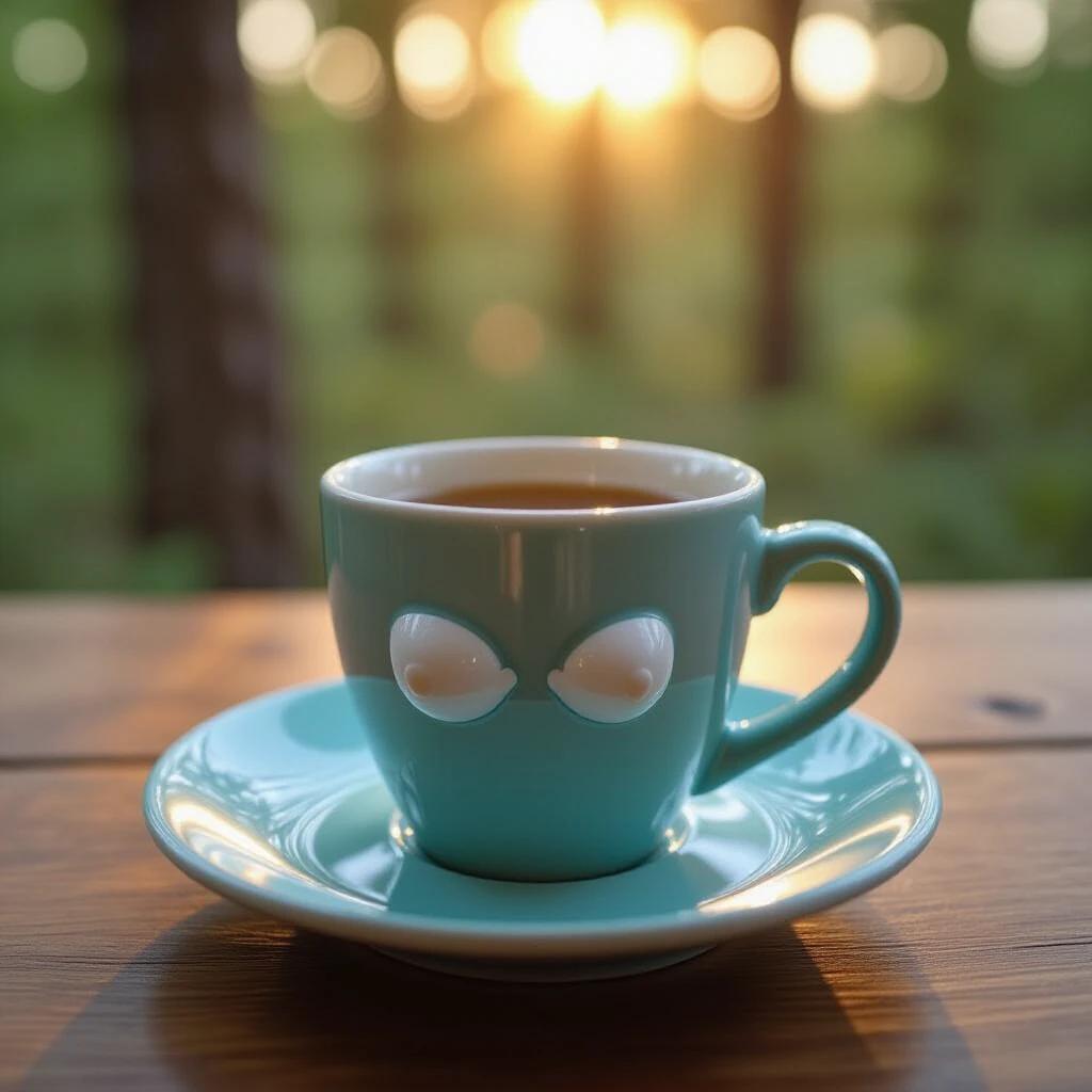 A turquoise cup resembling a face sits on a wooden table in the woods. Sunlight shines in the background, creating a warm atmosphere.