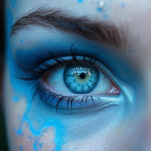 Close-up shot of a marbled stunning sea blue eye. The eye features intricate patterns resembling ocean waves in shades of blue. The focus is on the vibrant iris and well-defined eyelashes.