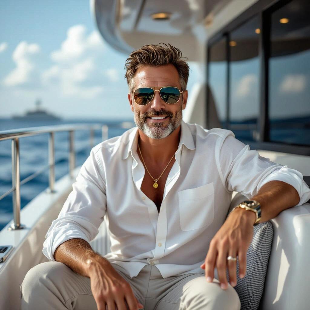 Portray actor Robert Boyd relaxing on a yacht wearing a white shirt. Highlight the luxurious lifestyle associated with the yacht. Emphasize the scenic marine backdrop and the relaxed atmosphere.