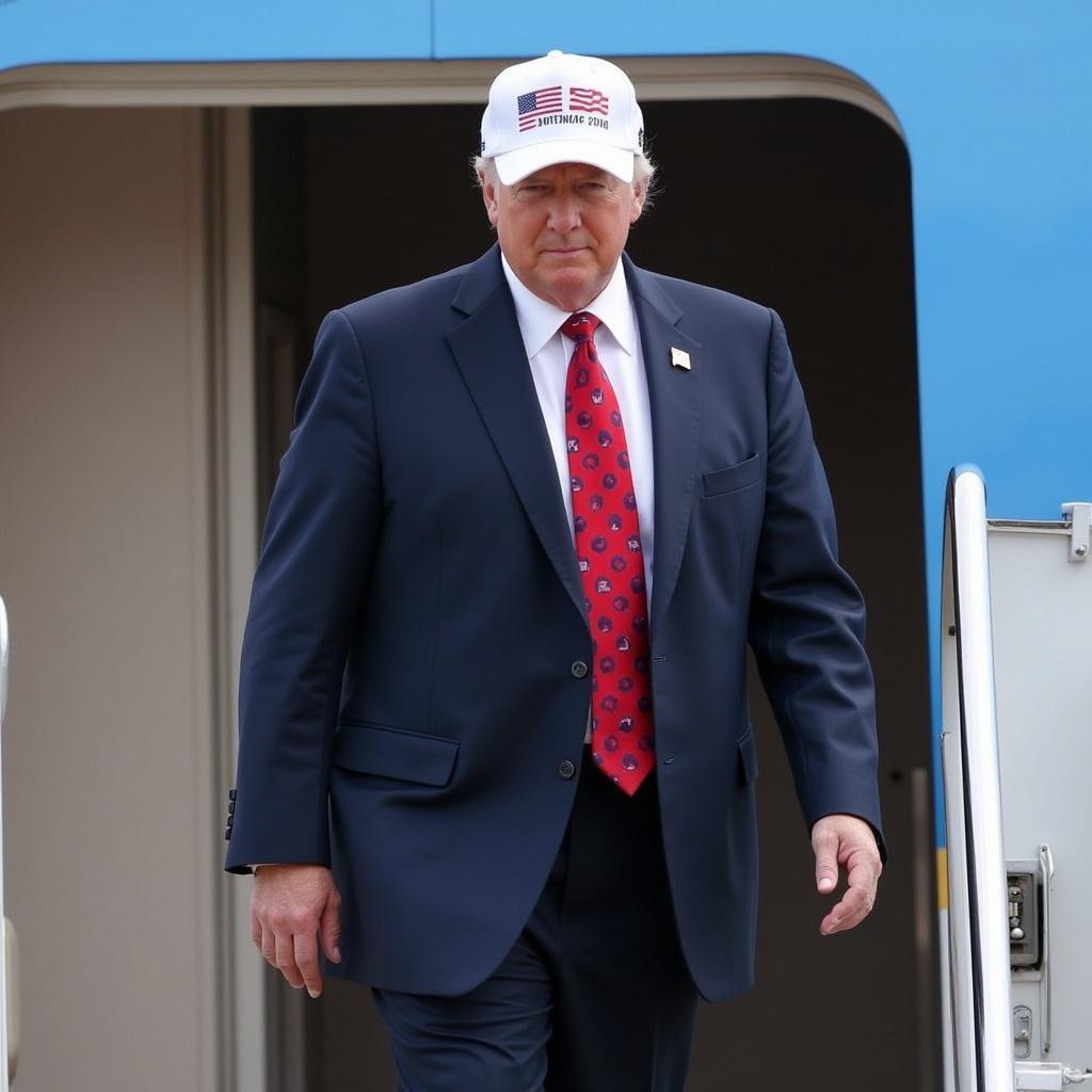 Donald Trump arrives at Amsterdam Airport out of Airforce One. The setting shows a clear view of the aircraft. The individual wears a distinctive white cap with 'USA' written on it. The scene highlights the significance of the event.