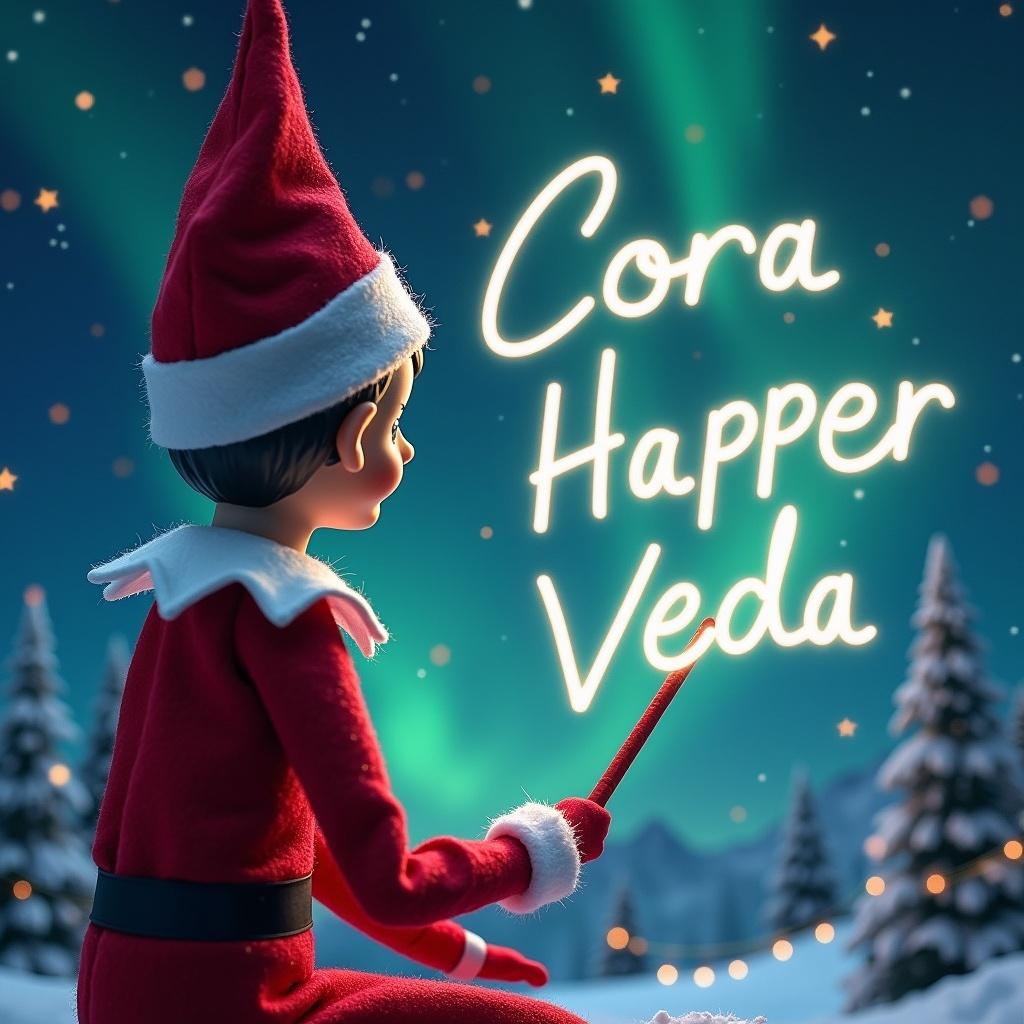 An enchanting Christmas scene featuring an elf on the shelf, who is facing the sky with his back to the viewer. The elf, dressed in red and white, wields a magic wand, writing 'Cora', 'Harper', and 'Veda' in a glowing script above him. The backdrop is adorned with vibrant northern lights, adding a magical ambiance. The scene is festive, portraying the spirit of Christmas with a whimsical twist. The elf's position and action create a sense of wonder and excitement that captures the joy of the holiday season.