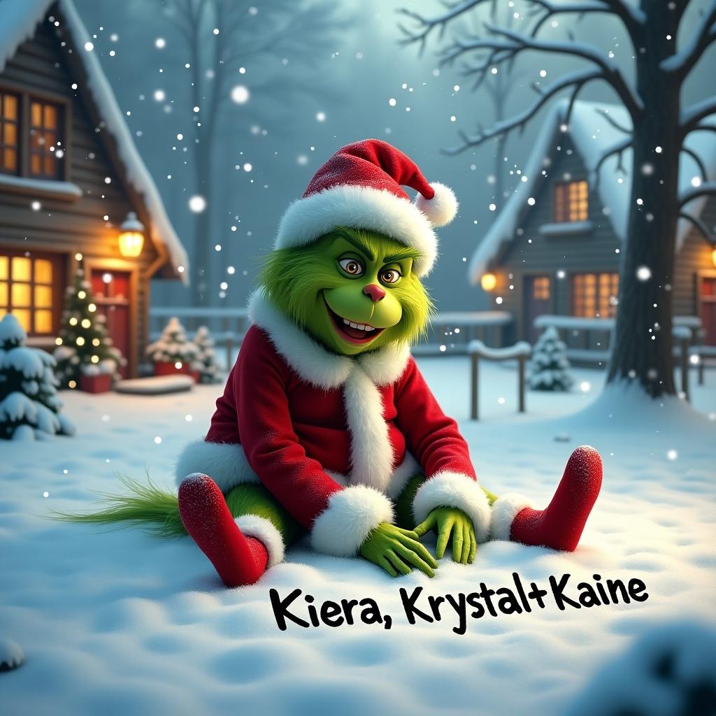 In a snowy landscape, Grinch sits on the ground in Christmas outfit. He is writing names in the snow. Delicate snowflakes are cascading down. Cozy cottages with lights are surrounding him. This moment captures creativity and the spirit of giving.