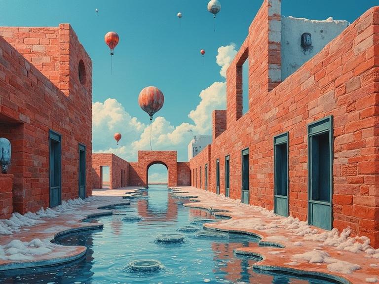 Surreal landscape with contradictory architecture. Melting clay bricks contrast with cold chrome. Scene features floating balloons and a reflective water surface. Includes optical illusions, numerology glyphs, and watercolor halos. Heavy textured impasto rendering.