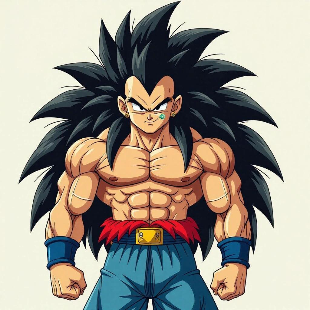 Raditz character from Dragon Ball Z with a muscular body and long black hair. Shows a cruel smile and muscular physique. Low-angle view emphasizes power.