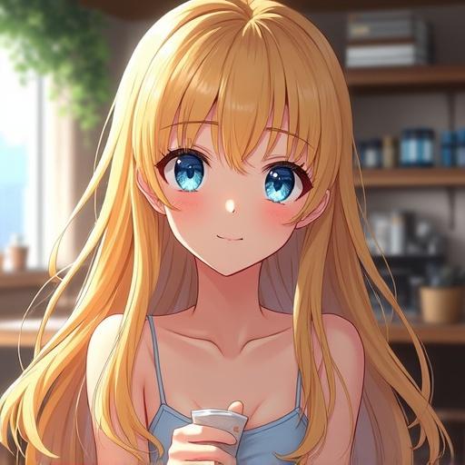 Anime-style portrait featuring a young woman with long blonde hair and large blue eyes in a café. Soft light creates a warm atmosphere. Balanced composition focuses on her face with stylish background elements. Digital art style enhances the scene's vibrancy.