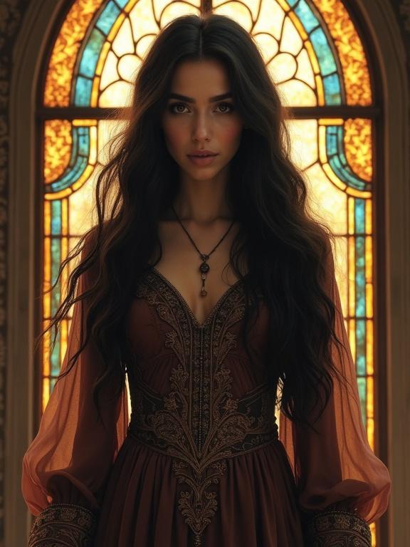 A young Arab woman stands in front of a stained glass window. She wears a detailed and elegant dress. The dress reflects a historical or fantasy theme. Her expression appears serene and mysterious.
