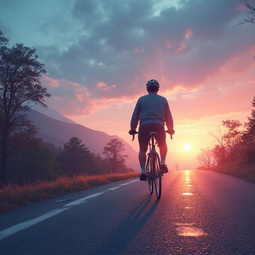 Cyclist starting a journey with a soft futuristic aspect. Scene captures a sunset atmosphere on a clean road. Mood blends emotion with aspirational technology such as blockchain and token energy.