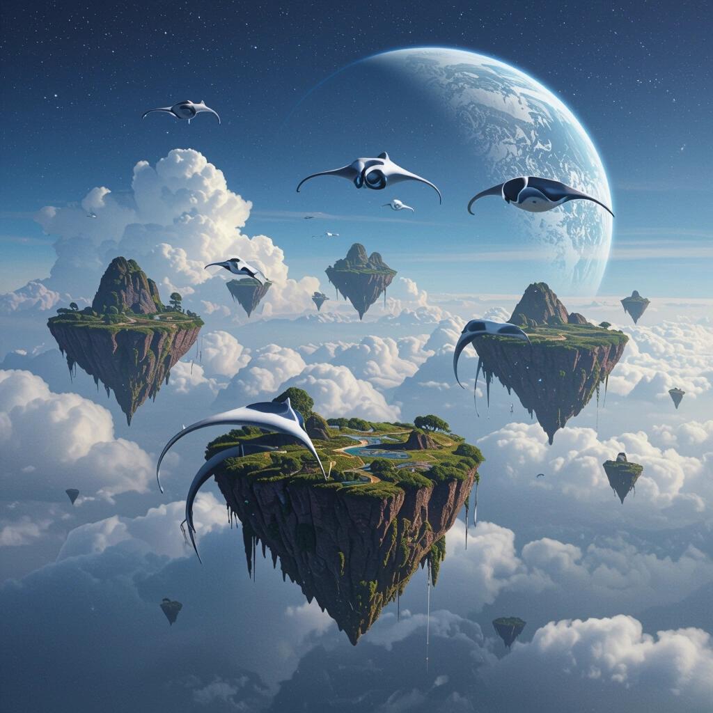 Floating islands in a cosmic sky. An alien planet environment with massive manta ray-like creatures hovering above. Clouds are present around the islands, with a large planet visible in the background. A surreal and imaginative landscape.