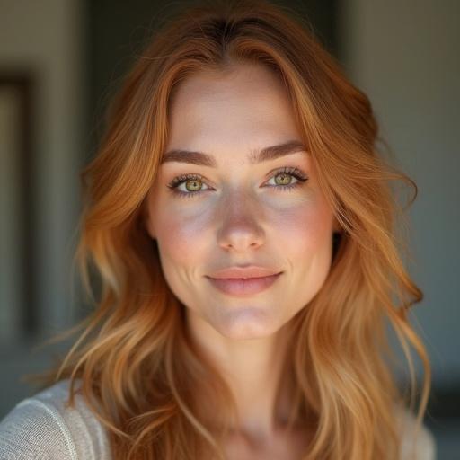 Portrait of attractive young woman with strawberry blonde hair and hazel eyes. Slight smile and confident expression. Soft warm lighting. High detail in skin texture and well-defined features. Standing in neutral pose with subtle makeup. Clean background with bokeh effect.