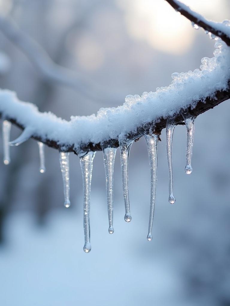 Close-up view of a tree branch covered in ice. Crystal-clear icicles hang from the branch. Background is blurred to highlight ice details. Conveys calmness of winter.