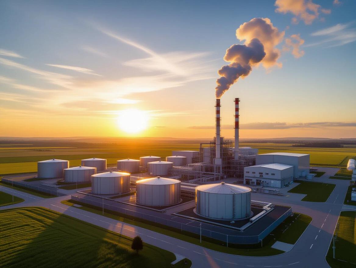 Industrial facility designed for clean energy production with biogas systems. Landscape green fields and sunset sky create a welcoming scene. Infrastructure is advanced and safe, showcasing sustainable practices. Horizontal orientation captures the vastness.