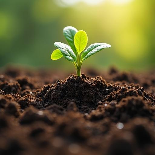 Macro view of soil with a small green plant sprouting from it. Lush leaves on the plant bathe in soft natural light. Focus on soil texture surrounding the plant.