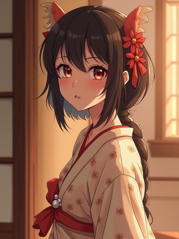 Anime character design with long hair and cat-like ears. She wears a traditional Japanese kimono and showcases a gentle expression. Soft warm lighting enhances her features.