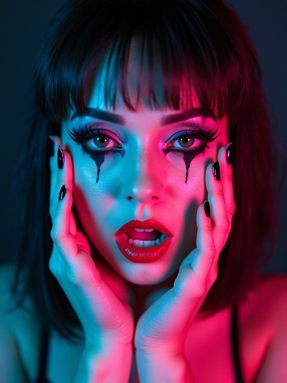 Dramatic close-up portrait. Bold gothic smeared makeup. Intense dark eye makeup. Bright red lipstick. Subject facing camera. Holding hands near face. Spread fingers showing black nails. Vintage aesthetic. Saturated pink and blue color overlays. 1980s alternative culture atmosphere. Text in pink reads 'It's my first makeup attempt. Nobody said that crossdressing would be easy.' Artificial frontal lighting. Emphasizing dramatic makeup and facial features against dark background.