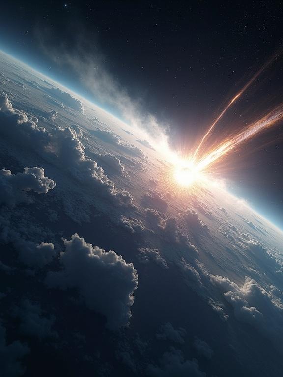 Hyper-realistic cinematic view of Earth from above atmosphere. Foreground shows Earth with storm textures. Bright comet approaches planet. Comet's coma glows intensely, tail extends behind. Shockwave forms at entry point. Fiery plasma erupts. Stars visible beyond horizon. Curvature of Earth enhances scale.