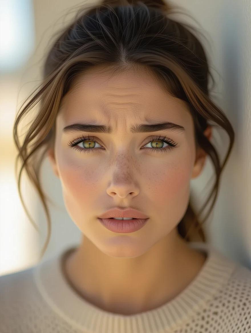 Medium shot of person with slightly worried expression in natural lighting. Authentic facial expression showing concern. Photorealistic portrait with warm skin tones. Cinematic quality in professional photography.