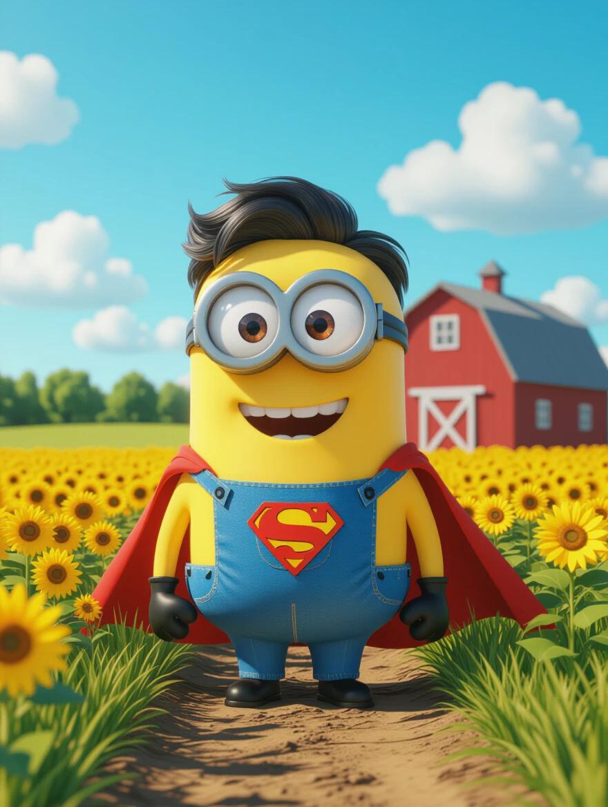 Cinematic scene featuring a 3D cartoon-style Minion wearing a Superman outfit in a farm setting with a barn in the background. High quality. 4k.