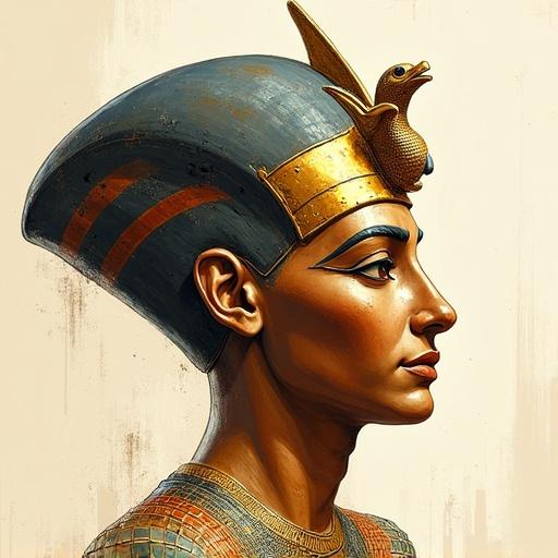 Portrait of a funerary mask inspired by the mask of a pharaoh. It features the striped Nemean headdress adorned with a cobra and a vulture. The braided false beard is visible. The expression is idealized. The design uses hatching and shadows to represent volume and texture, indicating antiquity.