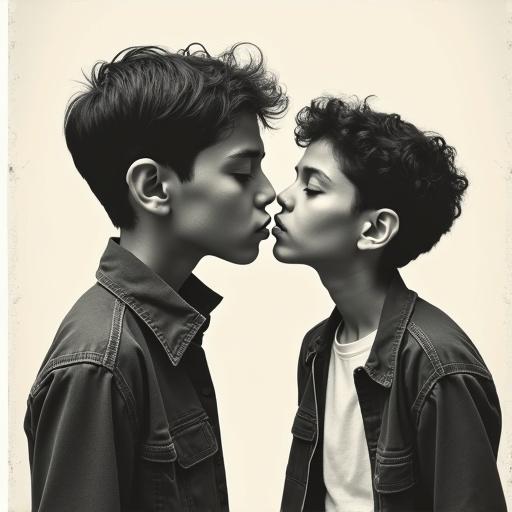 A collage artwork features two human figures. One figure has a large mouth exaggerated in size. The other figure has a large ear on its head. Both wear trendy youth clothing. Background is soft colored shadows against off-white paper. A mix of modern editorial and classic textures is evident