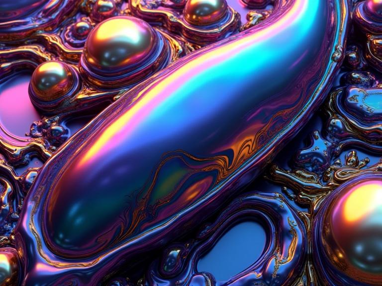 Close-up of abstract organic shapes resembling viscous liquid forms. Large bulbous shape with pearlescent surface reflects vibrant colors. Smaller globules trail from the central form. Illuminated with blacklight effect. Deep purple, gold, and white swirling shapes around them. Intricate dark textured structures intertwine with flowing shapes. Dynamic lines and color interactions create movement and energy in composition.
