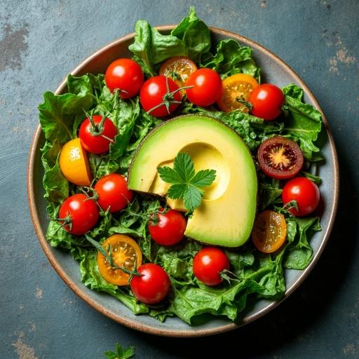 Top view of a fresh organic salad. The salad consists of cherry tomatoes, bright yellow tomatoes, and a halved avocado. Leafy greens serve as the base. The colors are vibrant and appealing. The setting has a rustic textured table.