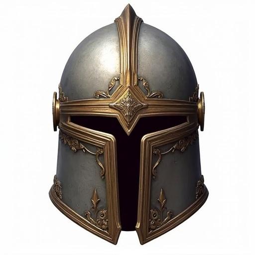 Imperial helmet designed for fantasy games. Features ornate details and metallic finish. Suitable for game assets and digital illustrations. Transparent background for versatility.