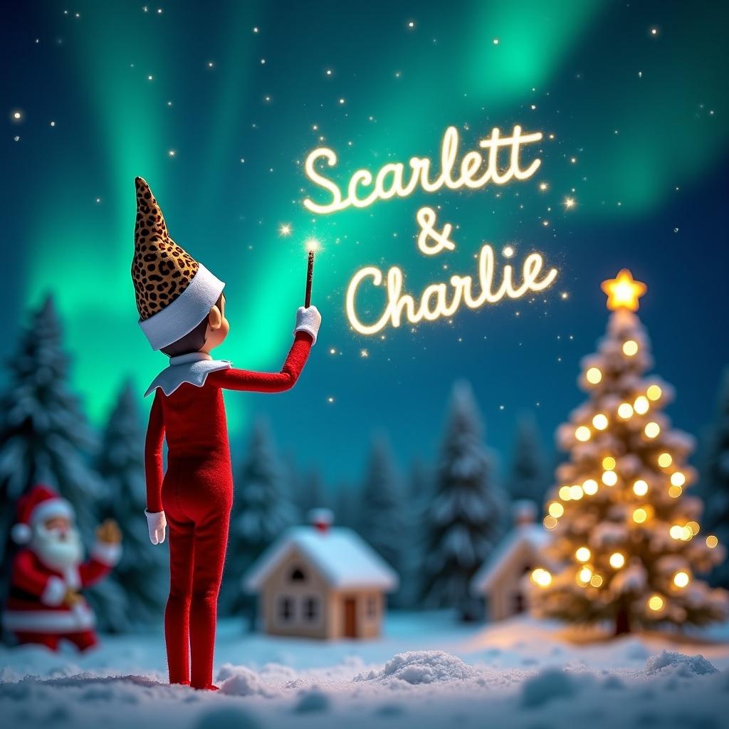 An adorable holiday scene featuring an Elf on the Shelf wearing a cheetah print hat. The elf is looking back towards the viewers, dressed in classic holiday attire. It uses a magic wand to create names in the air against a winter night sky illuminated by stunning northern lights. In the background, a cheerful Santa Claus waves, enhancing the festive mood. A beautifully decorated Christmas tree stands nearby, twinkling with lights. The elf stands with its back to the viewer, directing attention to the vibrant sky where 'Scarlett & Charlie' sparkles. The setting includes a snow-covered ground and whimsical houses for a warm Christmas atmosphere.