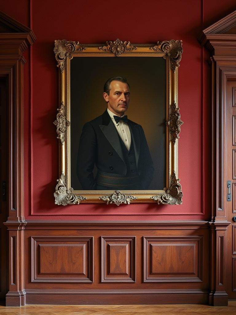 A grand portrait in a vintage frame adorns the wall of an opulently textured room with rich red walls and intricate wooden paneling.