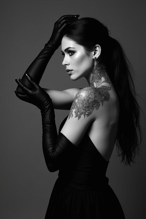 Black and white portrait features a woman with long dark hair in an elegant pose with one arm raised. The woman wears long black gloves and exhibits a large tattoo on her shoulder. The clothing accentuates her neck and shoulder while the background remains neutral and dark. Soft lighting highlights the textures and creates a mysterious atmosphere. The composition is dynamic and refined.