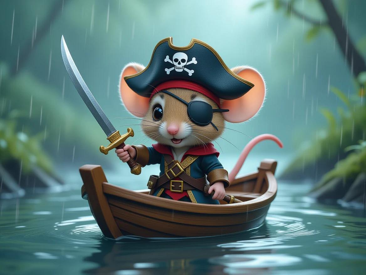 Adorable tiny chibi mouse wears a pirate cap and eye patch. Stands in a leaf boat. Holds a tiny wooden sword aloft. In a stream surrounded by a stormy atmosphere with wind and rain. Professional wildlife photography style blending fantasy elements.