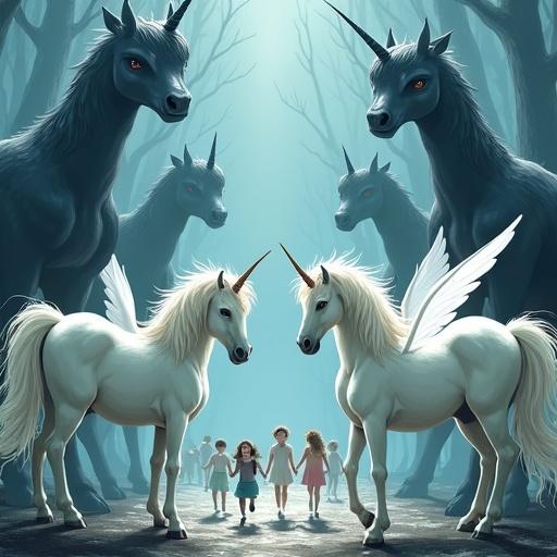 Dynamic illustration for a children's book. Majestic unicorns with white wings stand in a circle. Their heads turn towards intimidating black swamp monsters in the background. In the foreground, a group of people with horrified expressions runs towards the viewer, fleeing from the monsters. The image blends elements of fairyland with unexpected conflict, showcasing unicorns and people holding the menacing monsters in a frozen state.
