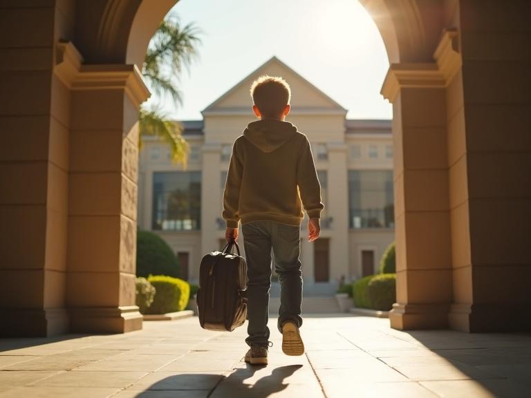 A 9-year-old boy walks towards a large university building. He holds a backpack and shows determination. The entrance is illuminated by sunlight in a dramatic angle.