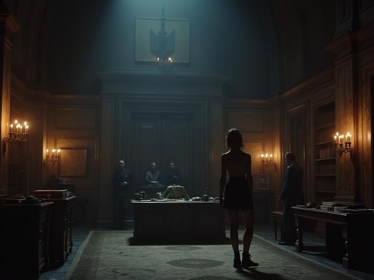 A dimly lit military office with deep shadows. Heavy wooden panels and cold stone walls under low-hanging lanterns. An ornate desk cluttered with maps. A towering bookshelf filled with leather-bound tomes. A solitary female silhouette near the entrance outlined by stark lighting. Other shadowy figures gather in the background. The atmosphere is thick and oppressive, evoking gothic realism.