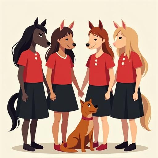 Four characters in a circle. Three characters have pony ears two have long hair and one with short hair. One character is a cartoon dog. All wear red shirts and black skirts. The scene looks friendly and cheerful.