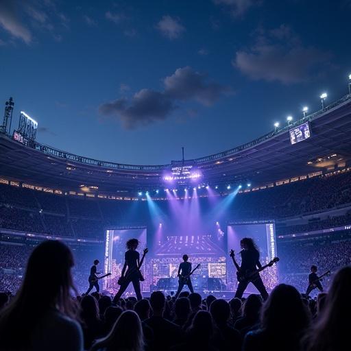 Many visual kei guitarists performing at a stadium at night under bright stage lights. The crowd is visible in the foreground. The atmosphere is filled with excitement and energy.