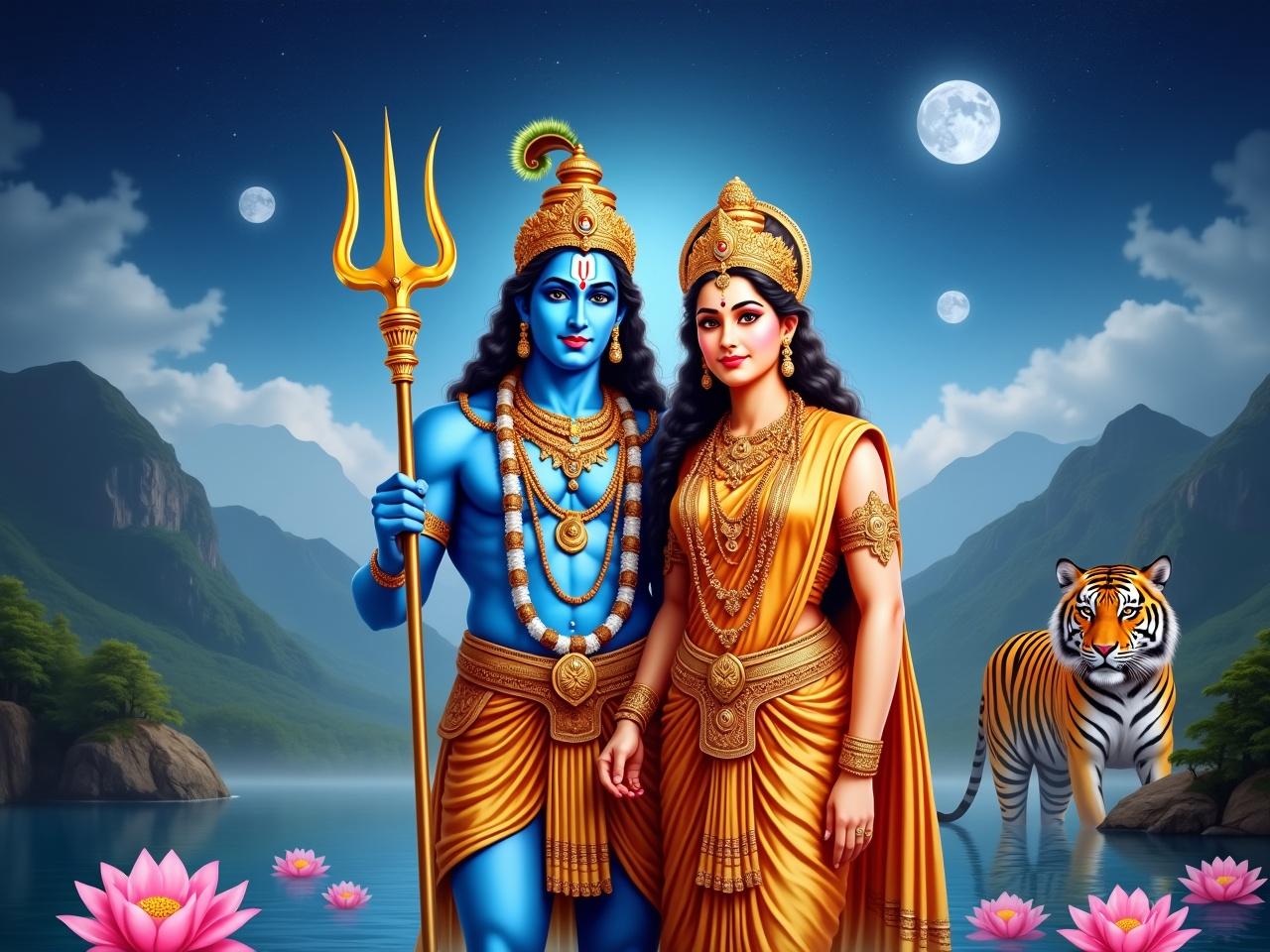 The image features two divine figures standing side by side. One is a blue-skinned deity with a trident, wearing a necklace of snakes and a leopard skin, embodying strength and wisdom. The other is a goddess adorned in a richly designed sari, embellished with gold details and jewelry, representing beauty and grace. They are set against a mystical background filled with mountains, a serene body of water, and a starry sky with multiple moons. In the foreground, beautiful pink lotus flowers float on the water. A tiger is visible in the background, hinting at power and ferocity. The overall atmosphere is vibrant and spiritual, evoking a sense of harmony between the divine couple.