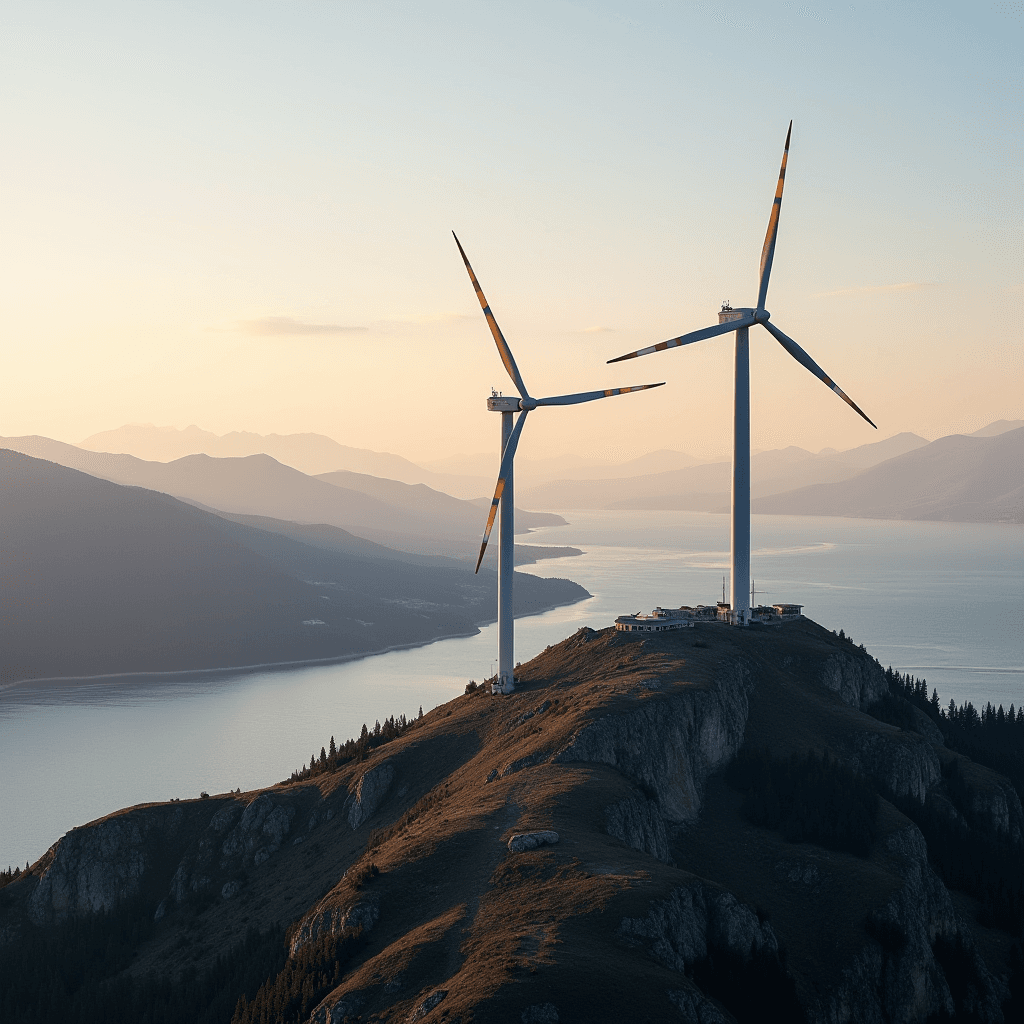 Two wind turbines stand majestically on a mountain ridge overlooking a tranquil water body at sunset.